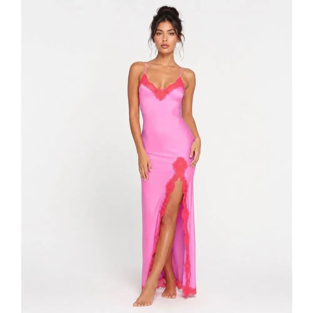 Skims Woven Shine Lace Long Dress in neon orchid XXS